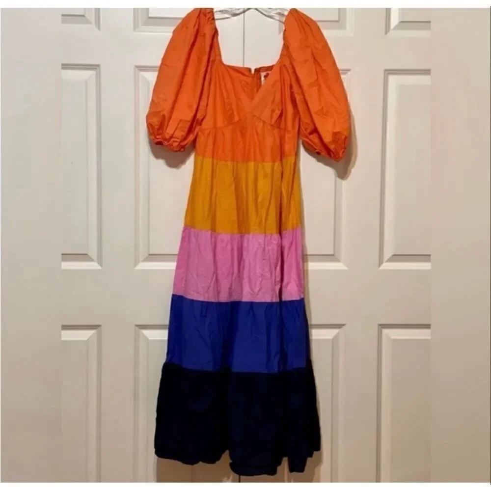Anthropologie Farm Rio Size S Puff Sleeve Tiered Maxi Dress Colorblock Stripe - Picture 11 of 15